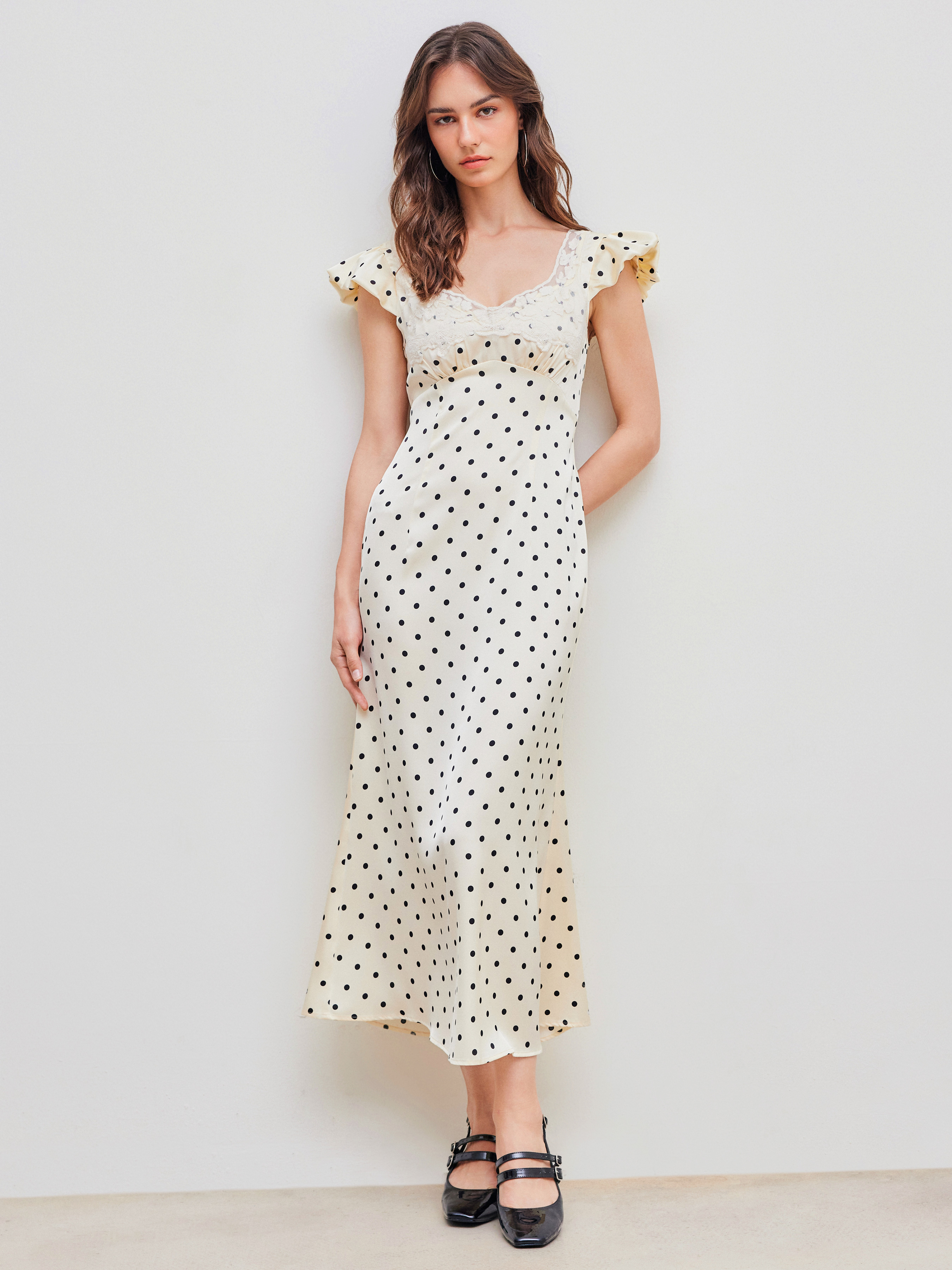 Woven Woven Sweetheart Polka Dot Lace Trim Maxi Dress For Date