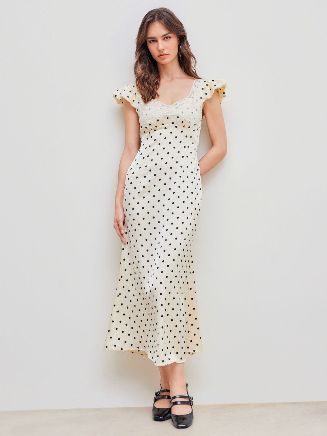 Woven Sweetheart Polka Dot Lace Trim Maxi Dress