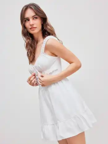  Süßes Einfarbiges Minikleid mit Rüschenbesatz und Knoten-Korsett