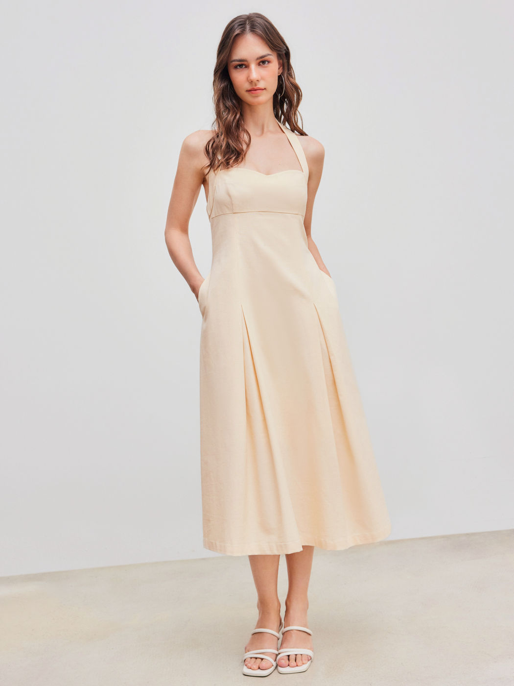 Linen-blend Halter Solid Backless Midi Dress