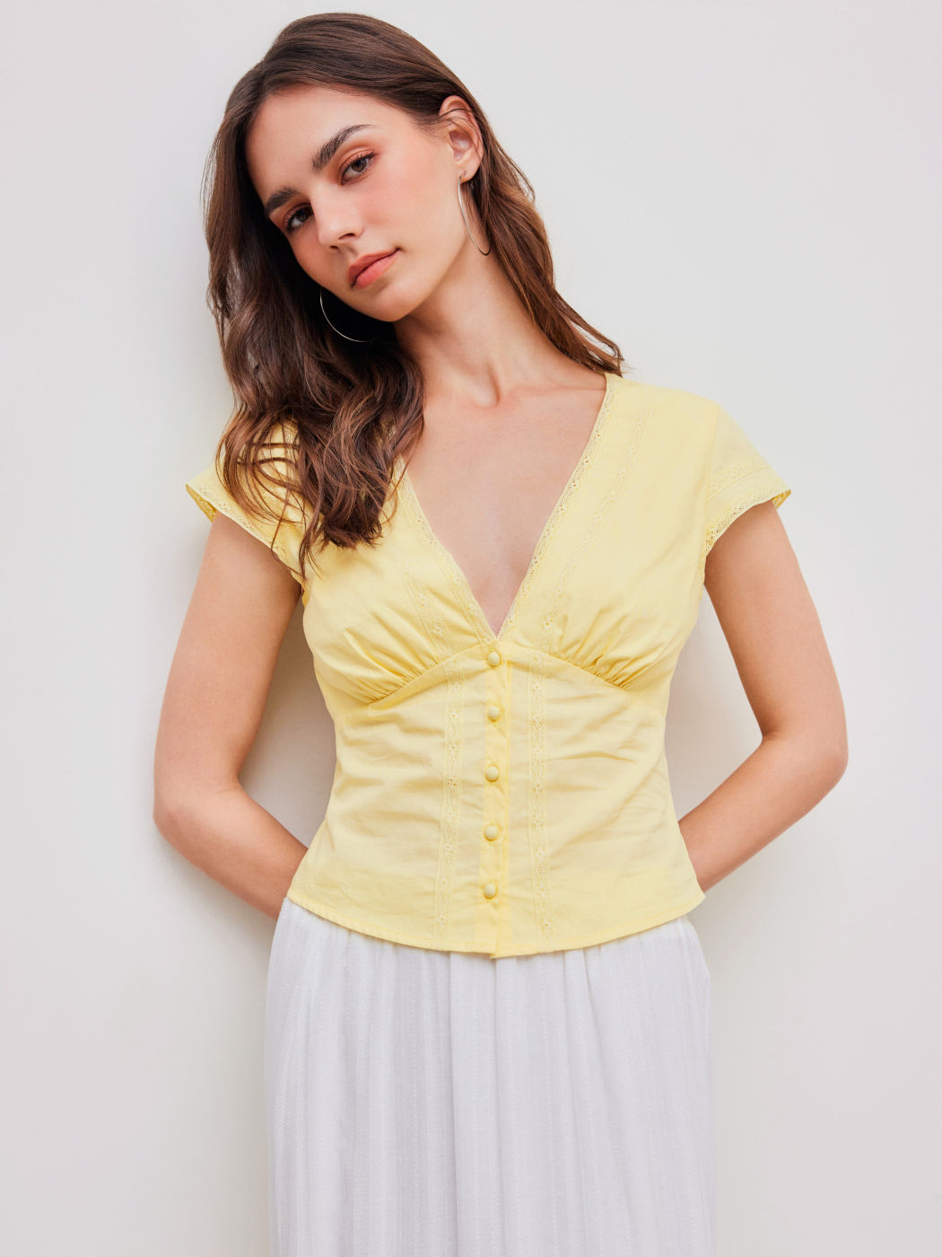 V-neck Solid Button Short Sleeve Blouse