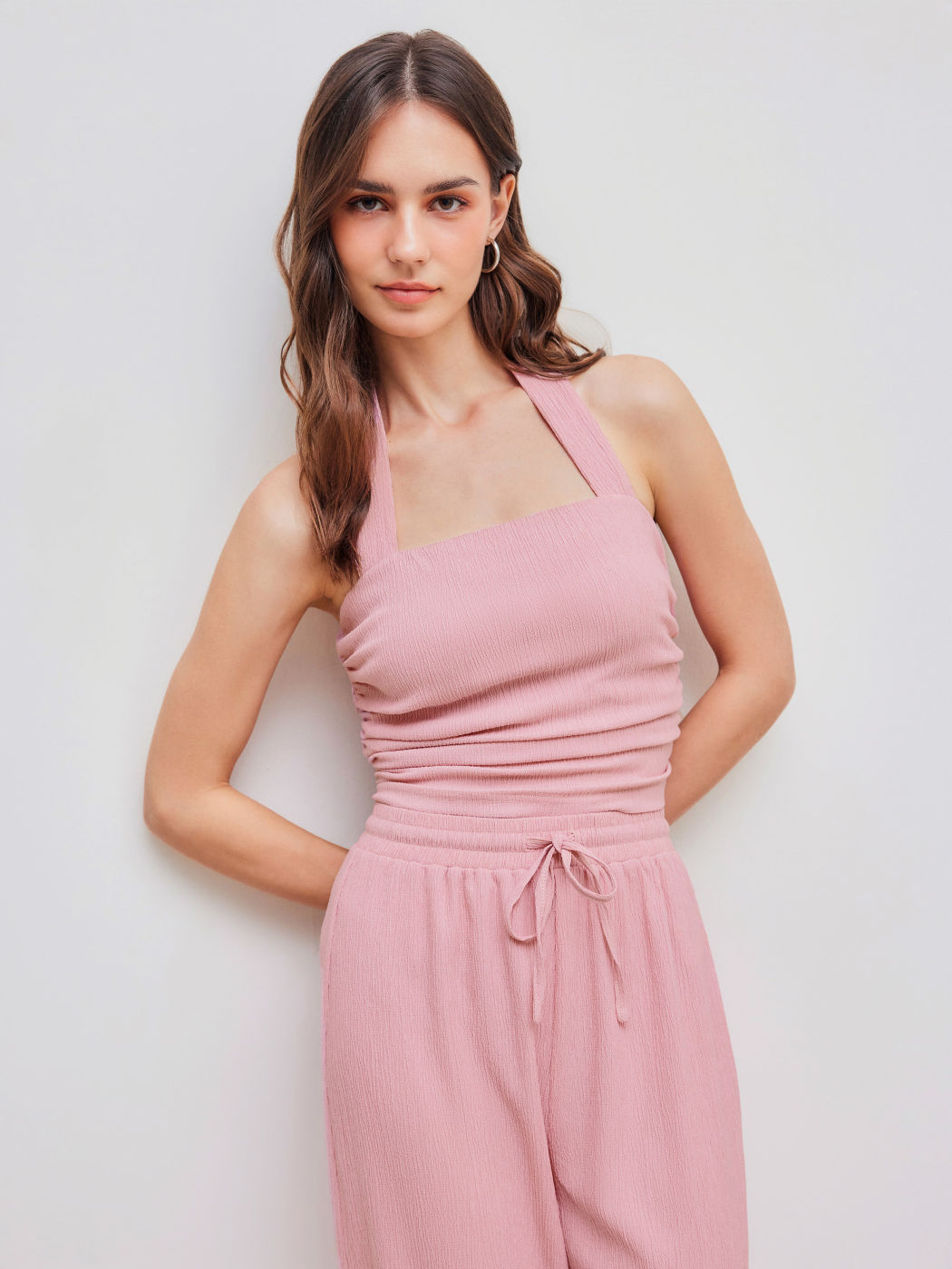 Halter Solid Ruched Texture Crop Top With Mid Rise Solid Wide Leg Trousers