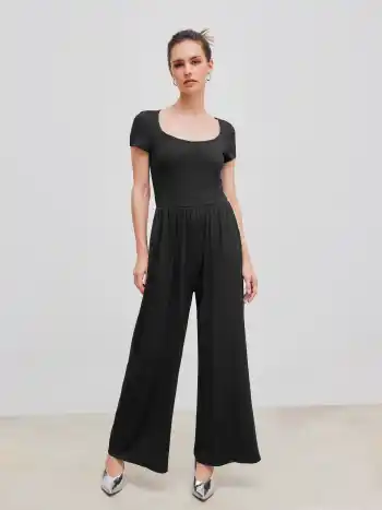 Scoop Neckline Short Sleeve Wide Leg Jumpsuit