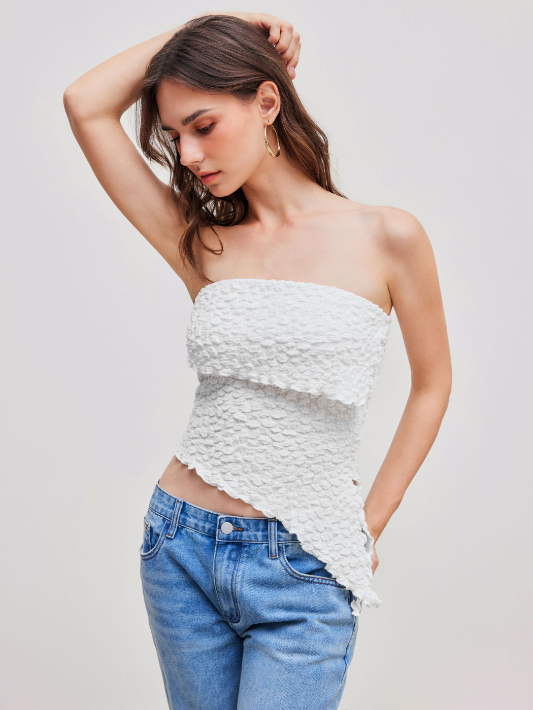 Asymmetrical Hem Solid Texture Tube Top