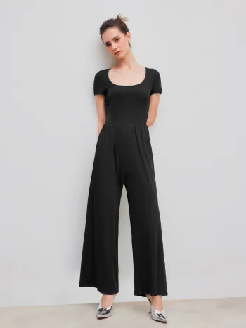 Scoop Neckline Short Sleeve Wide Leg Jumpsuit