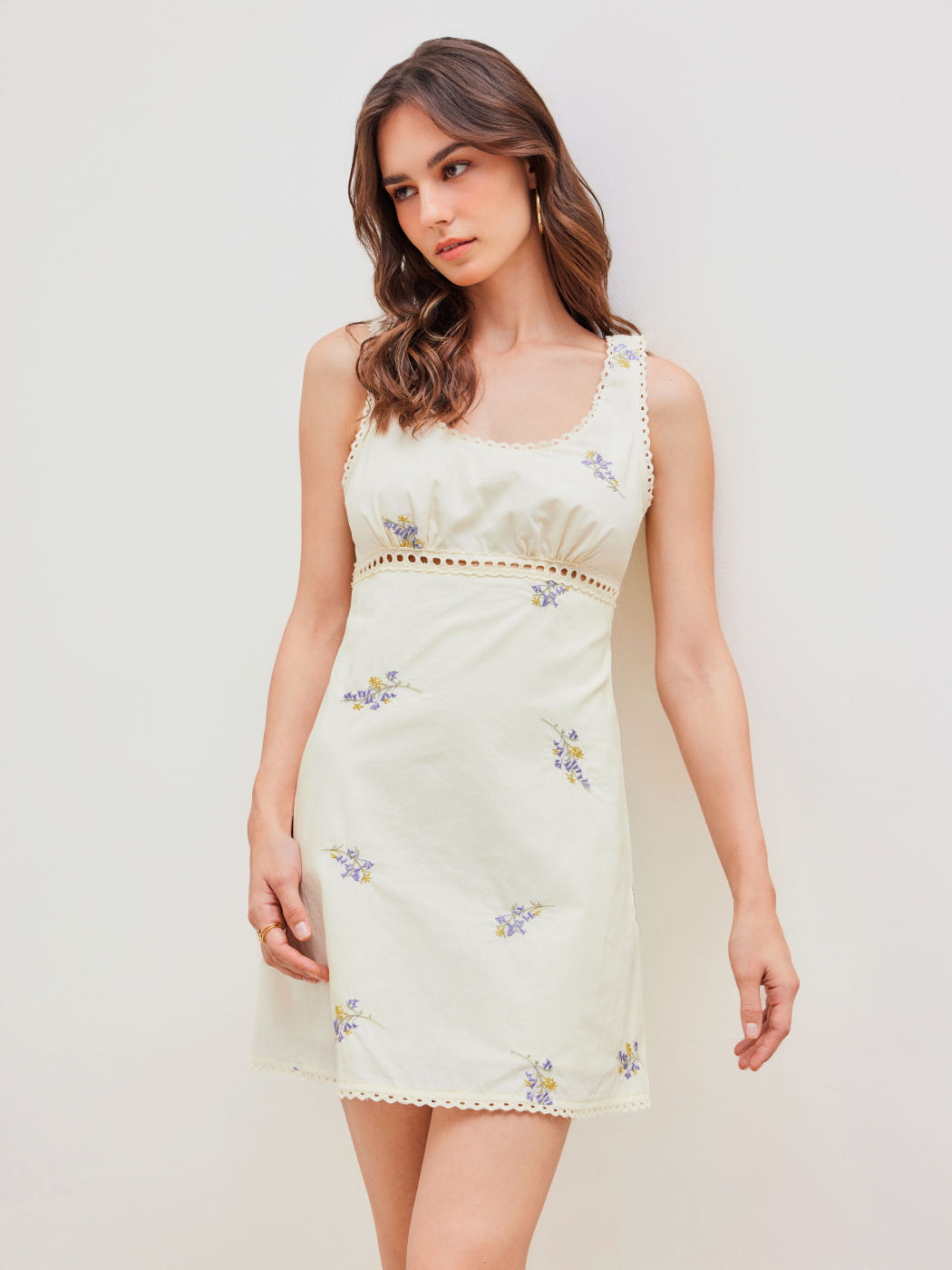U-neckline Floral Hollow Out Mini Dress