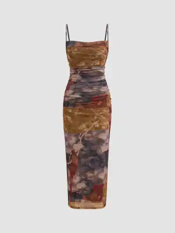 Mesh Cowl Neck Floral Ruched Cami Maxi Dress