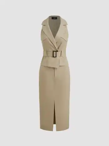 100% Baumwolle Kragen Einfarbiges Midikleid mit Gürtel
