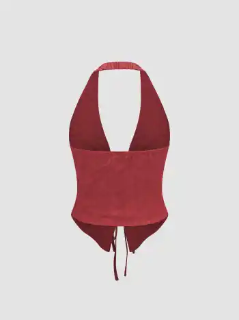 Halter V-neck Knotted Ruched Crop Top 
