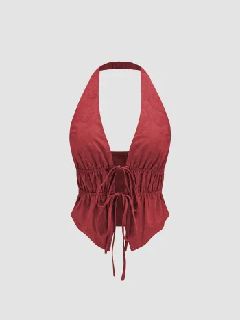 Halter V-neck Knotted Ruched Crop Top 