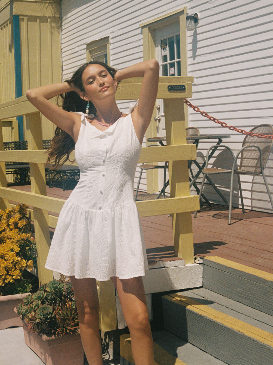 V-neck Floral Embroidery Bowknot Button Mini Dress