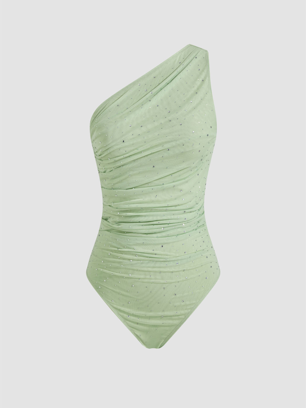 Mesh Asymmetrical Neck Ruched Rhinestone Bodysuit