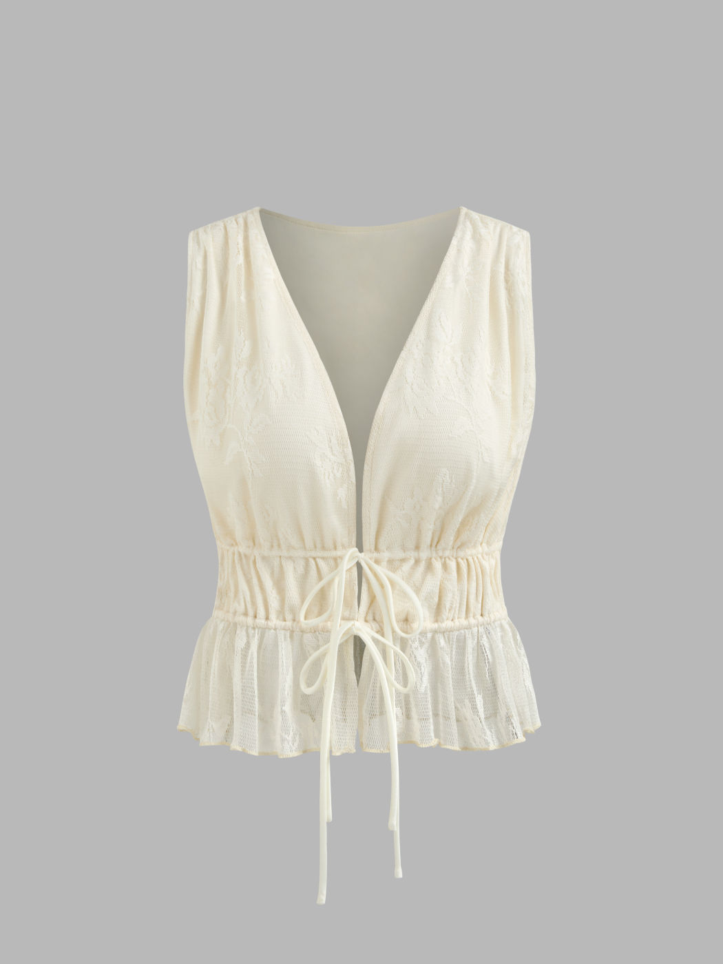 Lace V-neck Solid Lettuce Trim Knotted Tank Top