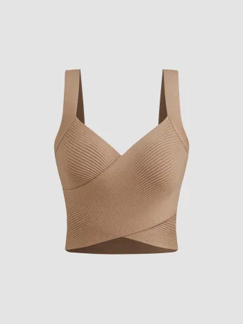 Knitted V-neck Solid Wrap Texture Crop Tank Top