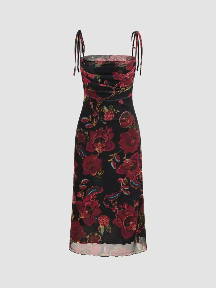 Floral Ruched Mesh Maxi Dress