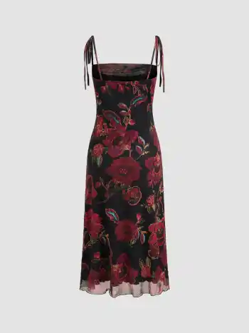 Quadratischer Ausschnitt Florales Geknotetes Midikleid