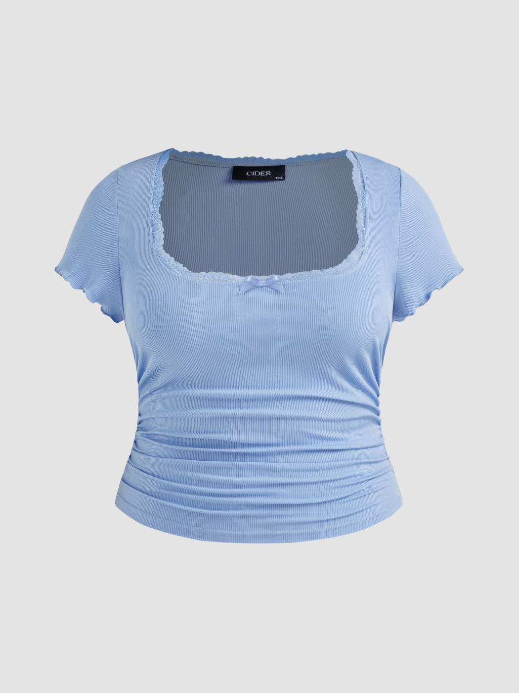 Jersey Quadratischer Ausschnitt Schleife Spitze Salat Saum Gerafftes Kurzarm Top Kurve & Plus