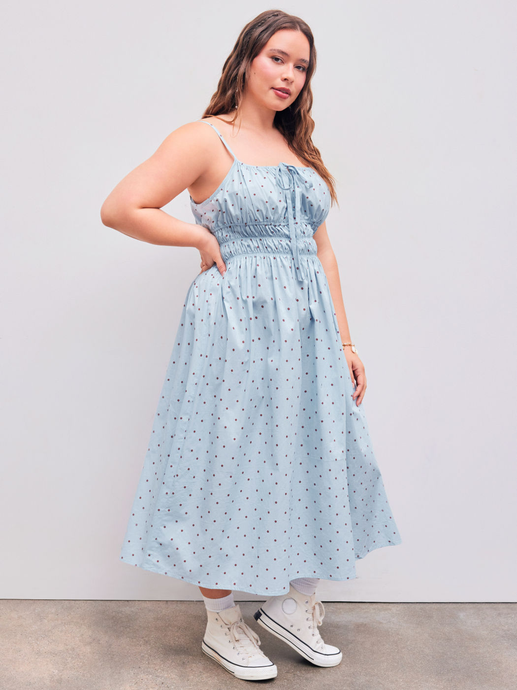 Gewebtes Polka Dots Geknotetes Rüschen Midikleid Kurve & Plus