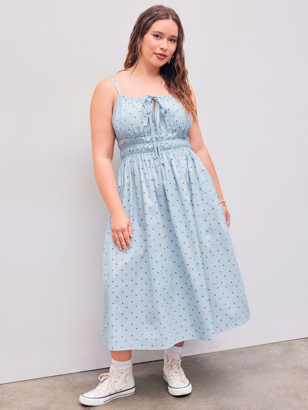 Gewebtes Polka Dots Geknotetes Rüschen Midikleid Kurve & Plus