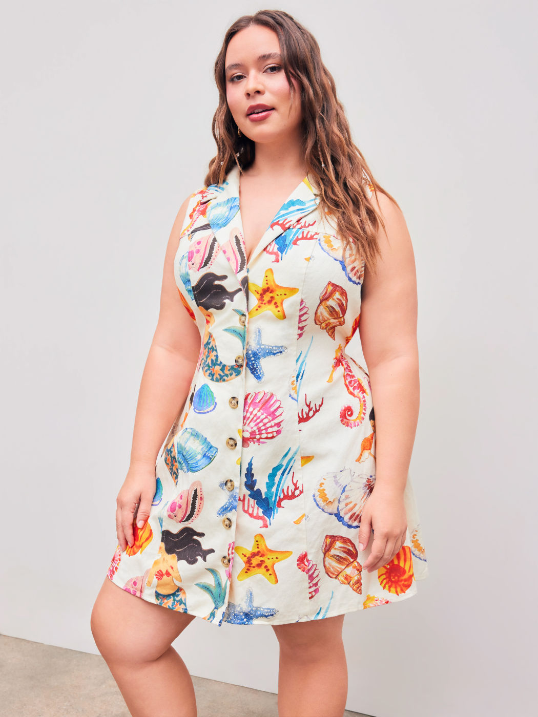 Woven Collar Shell & Mermaid Graphic Knotted Mini Dress Curve & Plus