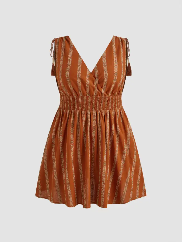 Mesh V-neck Abstract Wave Knotted Mini Dress Curve & Plus