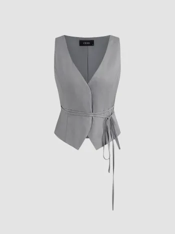 V-neck Solid Knotted Blazer Vest