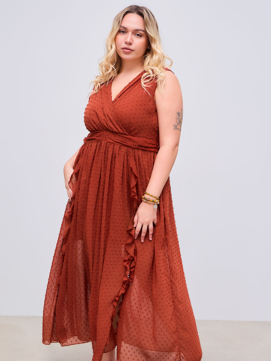 Woven V-neck Ruffle Hem Split Maxi Dress Curve & Plus