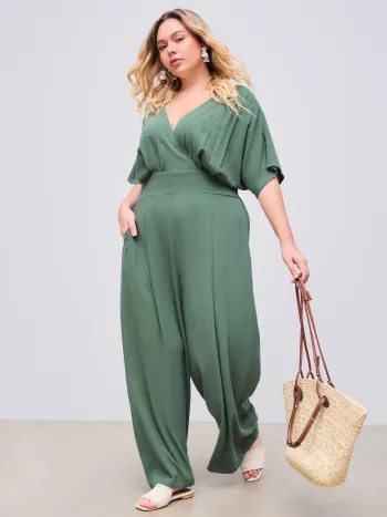 Mono de encaje con bolsillos, corsé, cuello en V y mezcla de lino Curvy