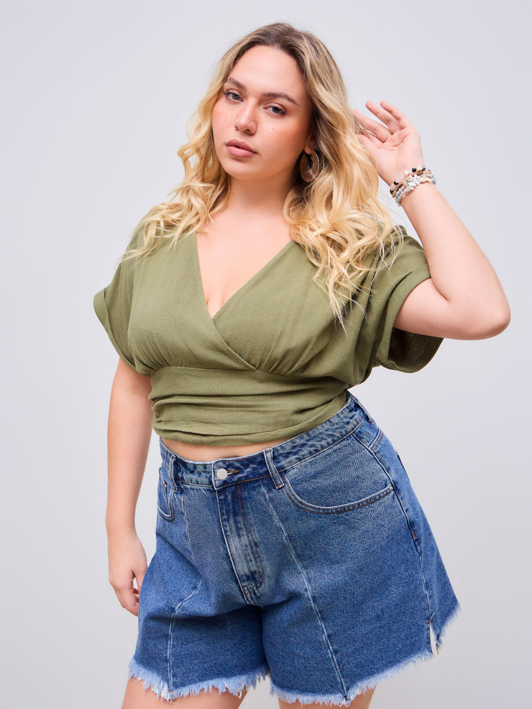 Linen-Blend V-neck Wrap Knotted Roll-up Sleeve Crop Blouse Curve & Plus