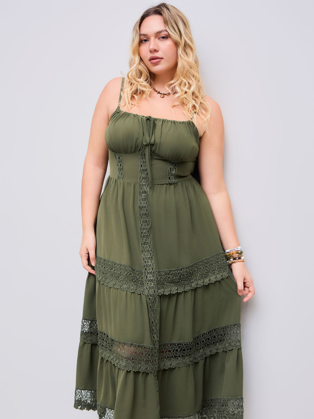 Woven Lace Trim Corset Tiered Cami Ruffle Maxi Dress Curve & Plus