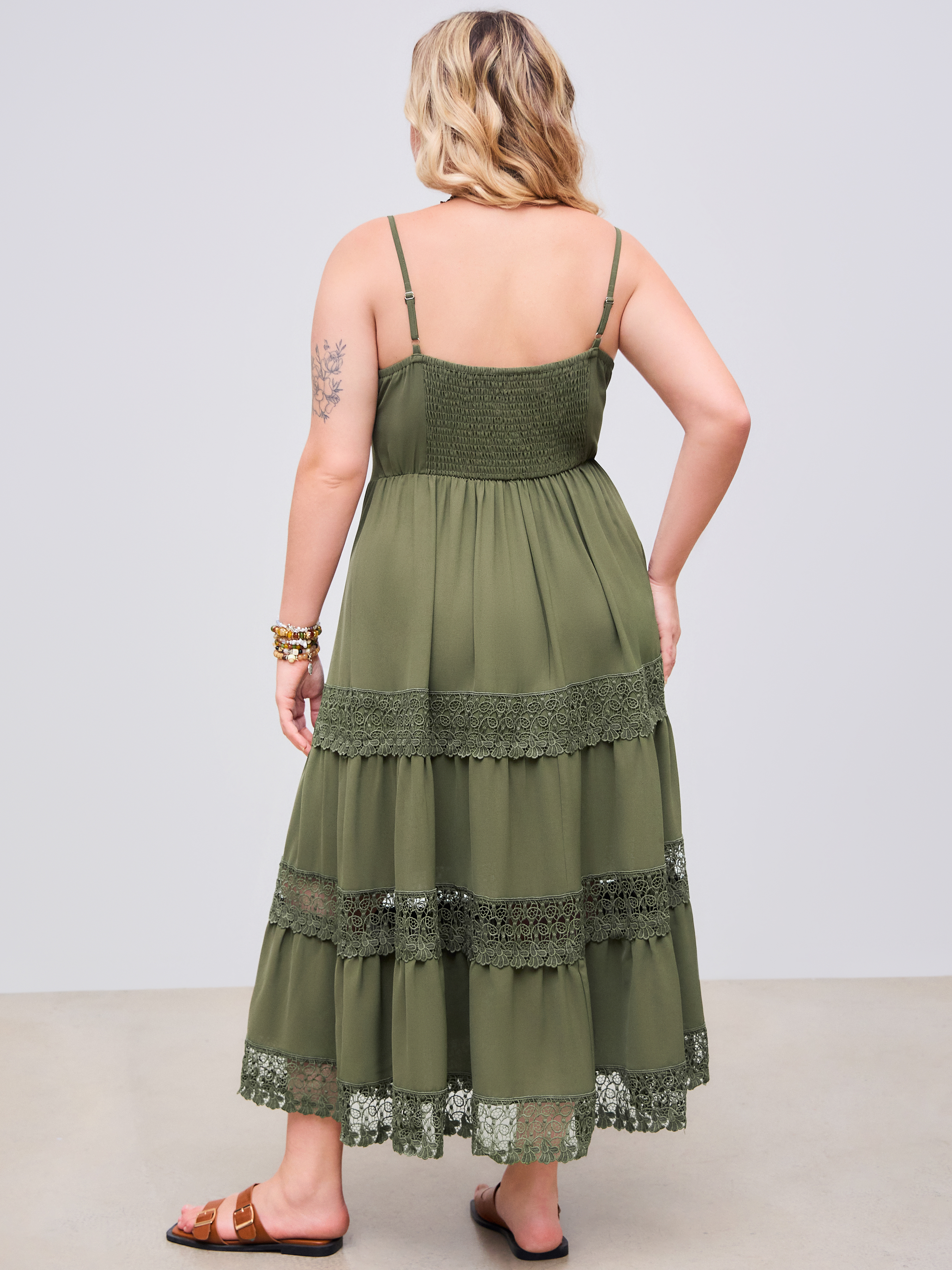 Woven Lace Trim Corset Tiered Cami Ruffle Maxi Dress Curve & Plus