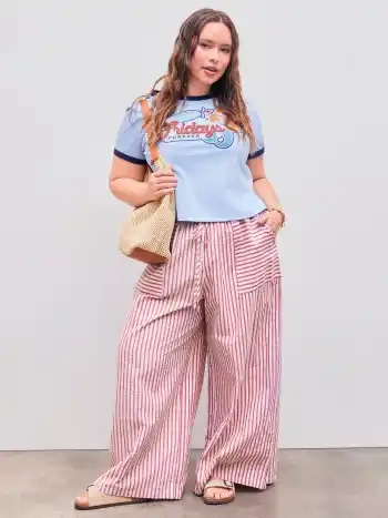 Woven Mid Rise Elastic Waist Striped Pocket Wide Leg Trousers Curve & Plus