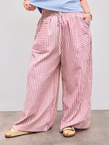Woven Mid Rise Elastic Waist Striped Pocket Wide Leg Trousers Curve & Plus