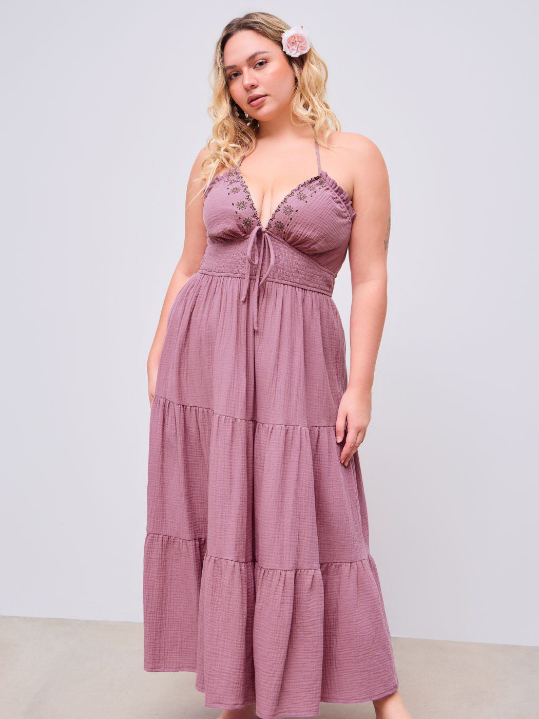 Halter Solid Knotted Shirred Embroidery Ruffle Tiered Maxi Dress Curve & Plus
