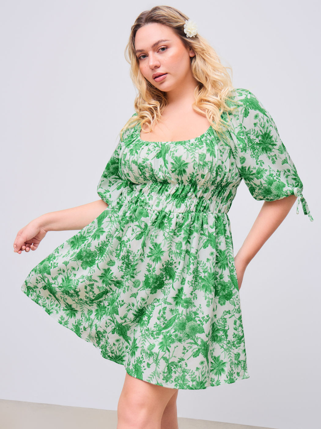Square Neck Floral Shirred Knotted Ruffle Mini Dress Curve & Plus
