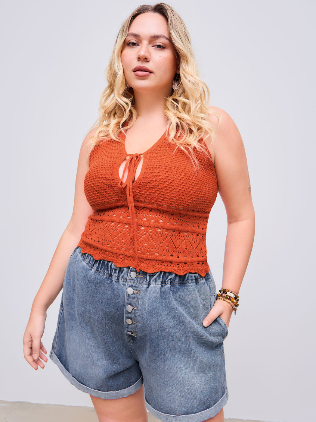 Halter Knotted Hollow Out Crop Cami Top Curve & Plus