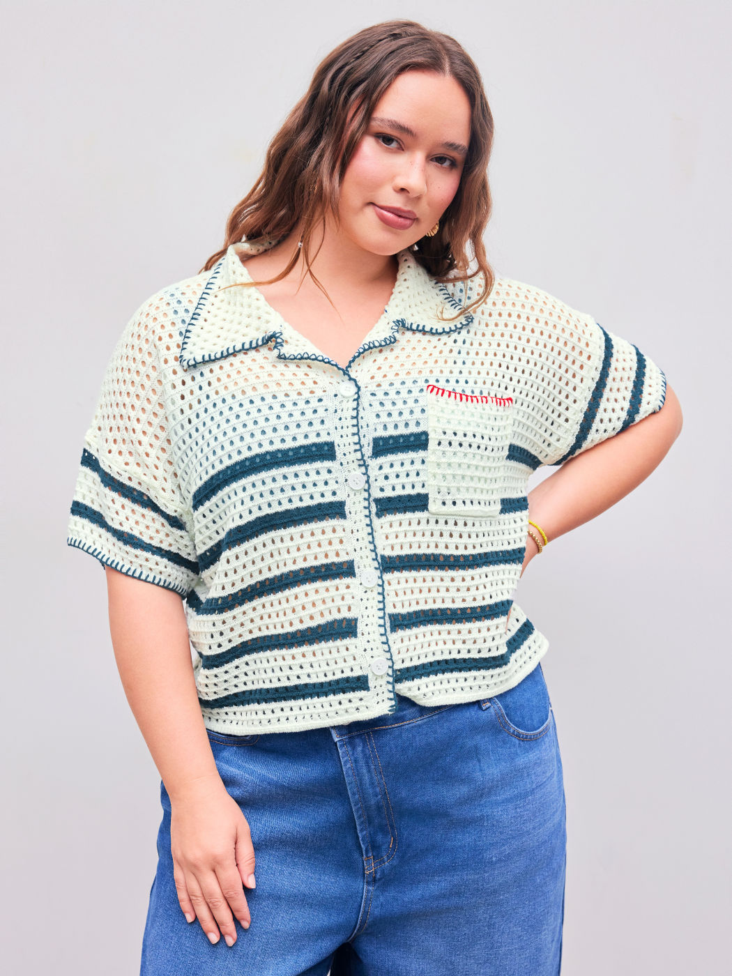 Knitted Collar Striped Short Sleeve Top Curve & Plus
