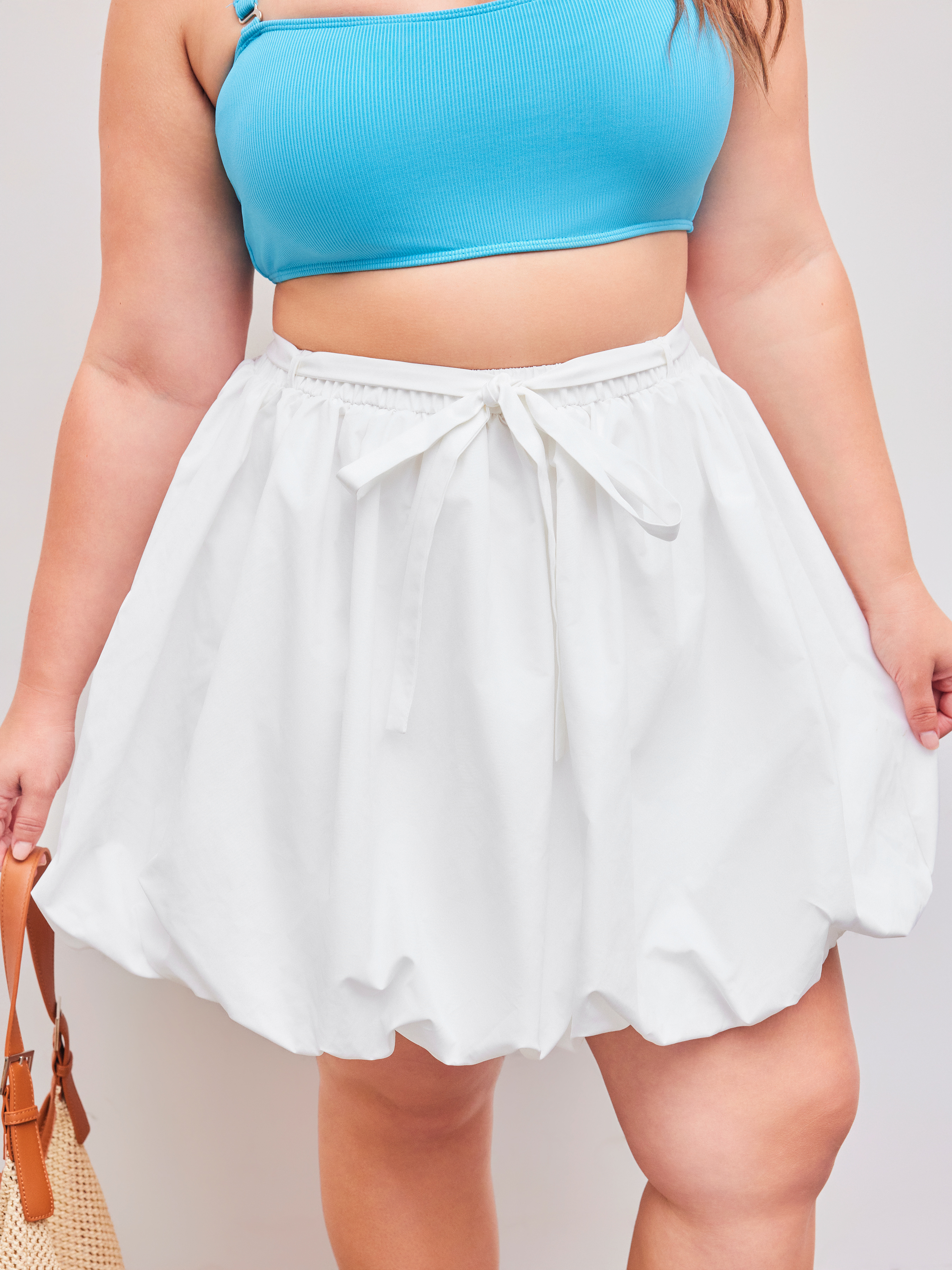 Woven Woven Mid Rise Knotted Bubble Hem Mini Skirt Curve