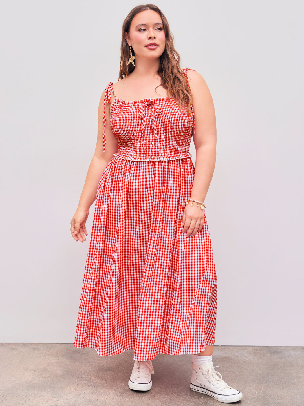 Scollo quadrato in percalle con nodi e arricciature Midi Dress Curve & Plus