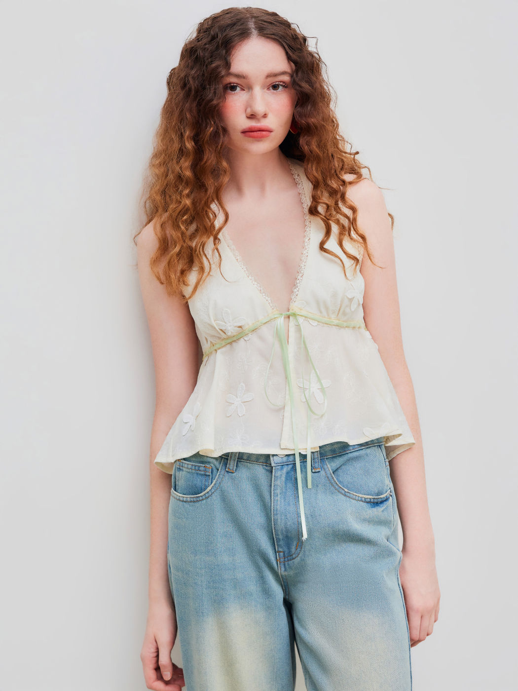 Chiffon V-neck Floral Embroidery Lace Trim Knotted Crop Top