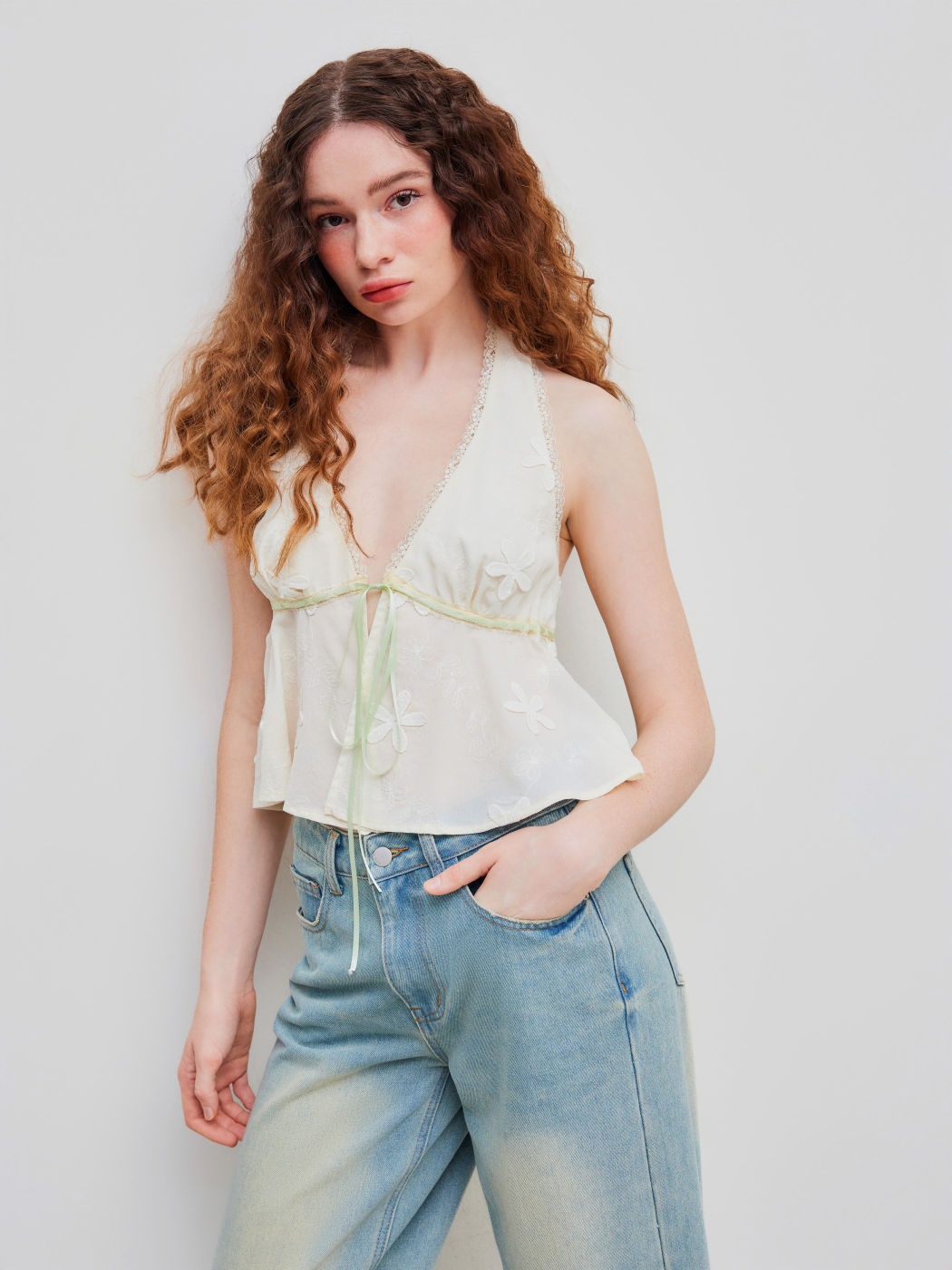 Chiffon V-neck Floral Embroidery Lace Trim Knotted Crop Top