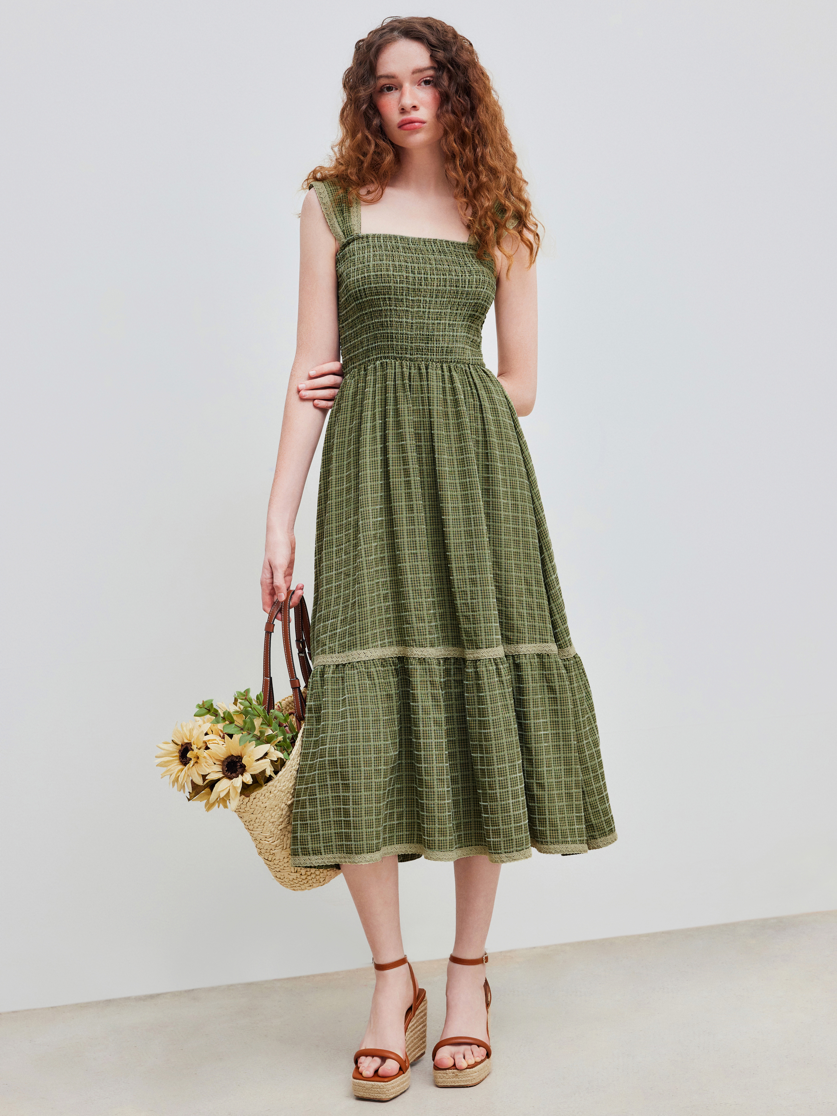 Gingham Dress Picnic Dress Woven Square Neck Shirred Gingham Maxi