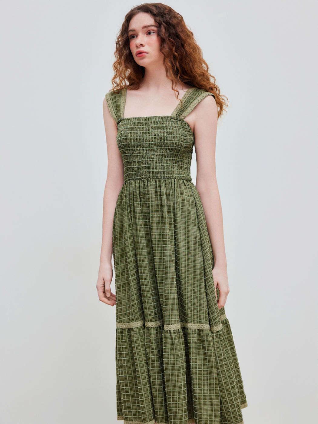 Square Neck Shirred Gingham Maxi Dress