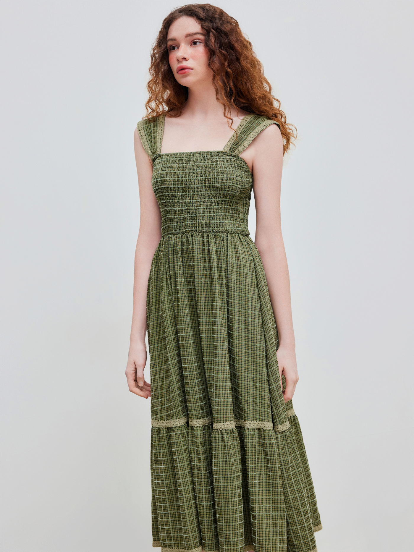 Vestido Maxi de Cuello Cuadrado Gingham Fruncido