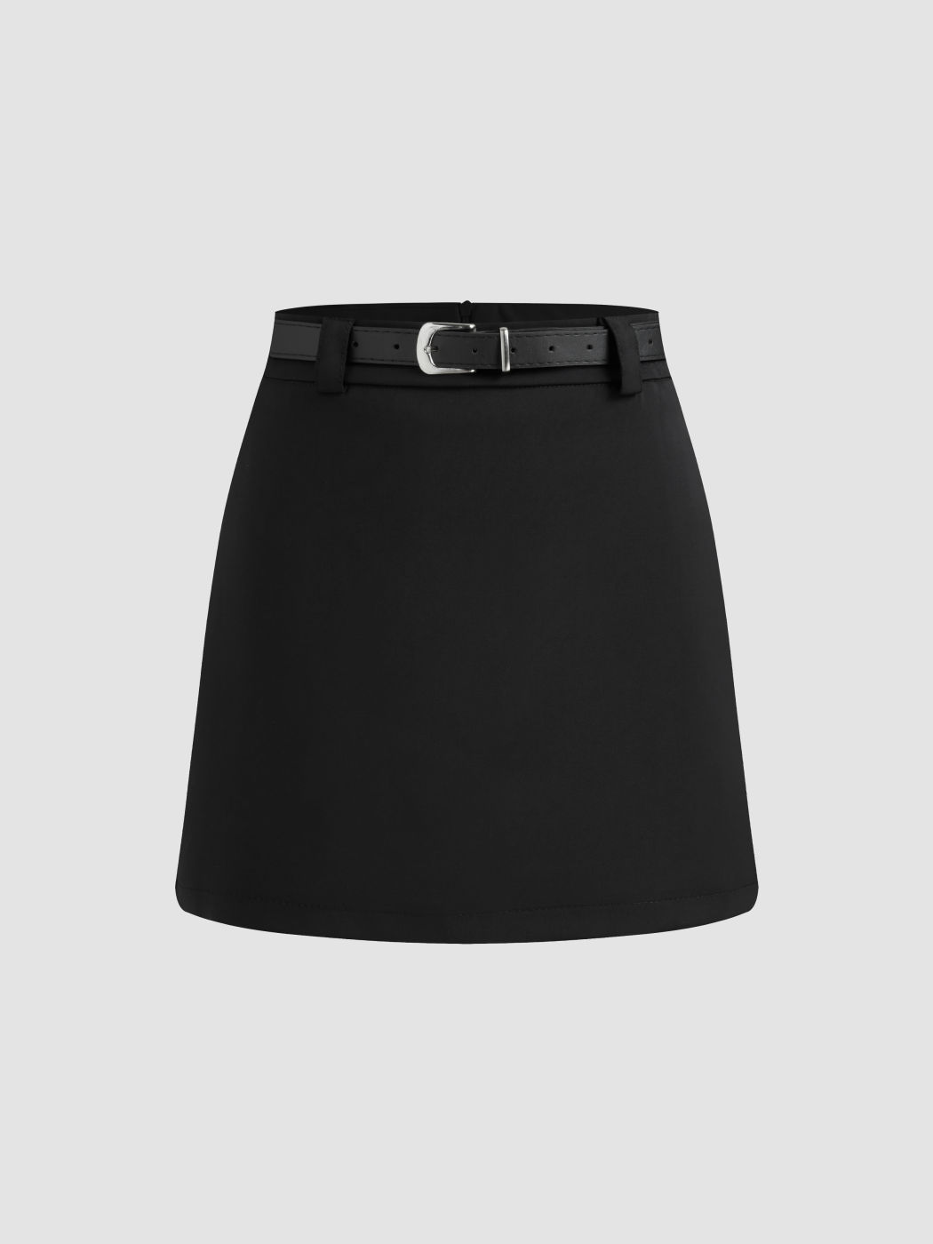 Woven Mid Rise Solid Mini Skirt With Belt