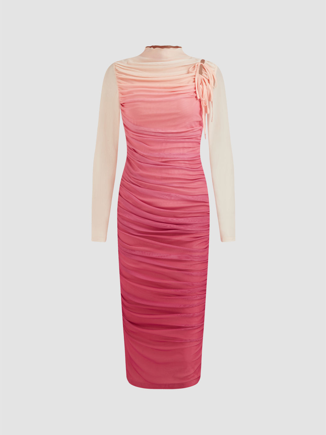Mesh Stand Collar Gradient Ruched Knotted Maxi Dress