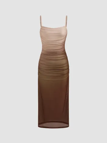 Mesh Square Neck Gradient Ruched Maxi Dress