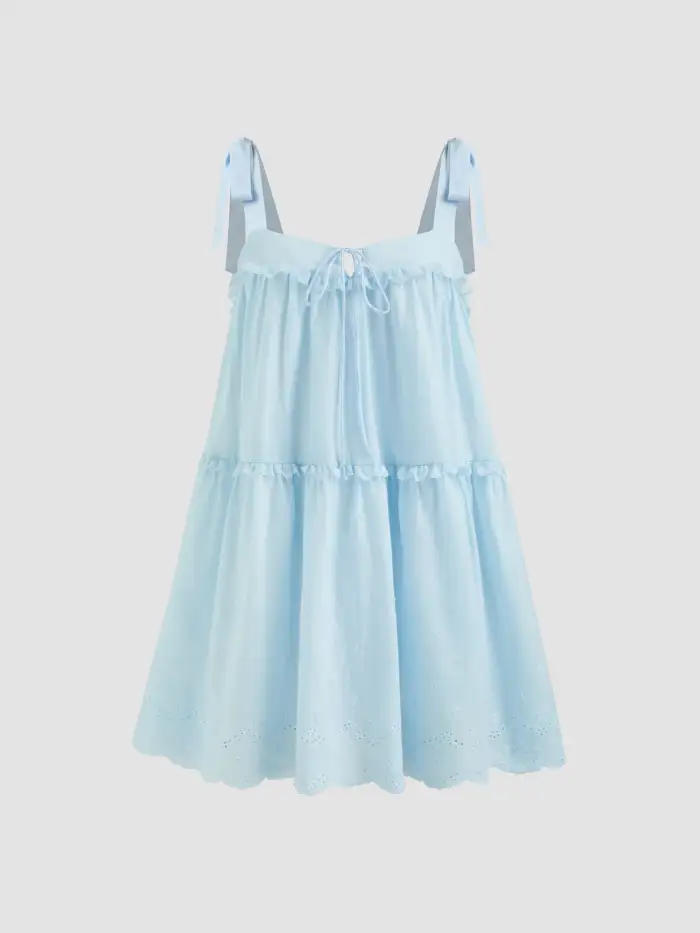 Cotton Broderie Anglaise Lace Trim Bowknot Top & Mid Rise Elastic Waist Shorts Set