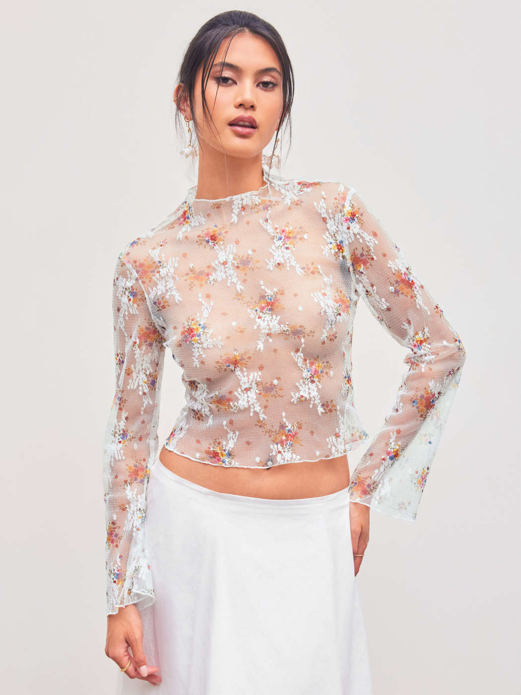 Lace Lace Stand Collar Floral See-through Long Sleeve Top For