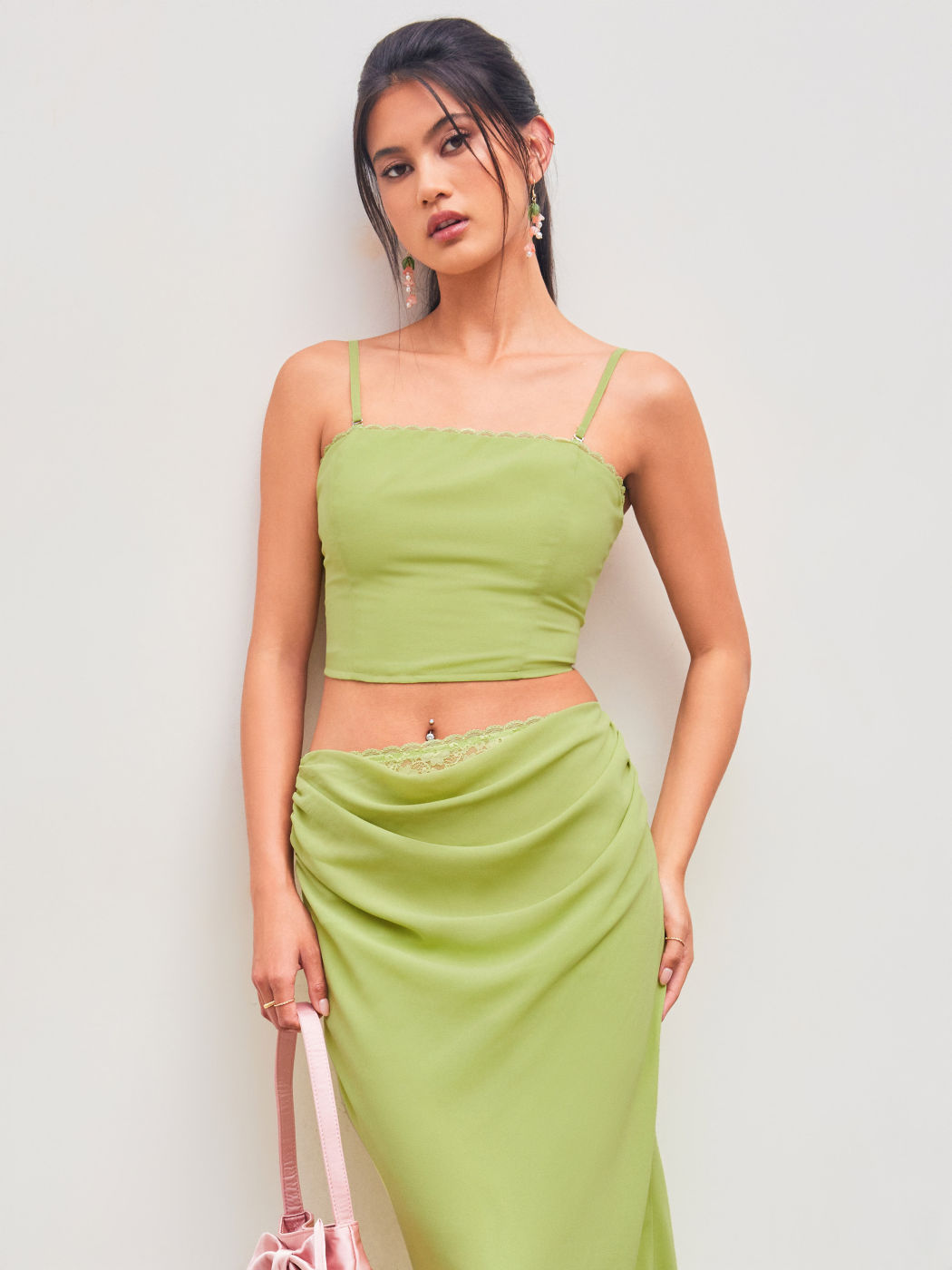 Chiffon Square Neck Lace Trim Crop Cami Top With Mid Rise Ruched Maxi Skirt